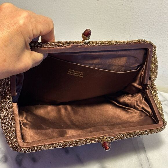 Elegant Brown Clutch Bag beaded with copper tiny beads made in Belgium - Picture 6 of 16
